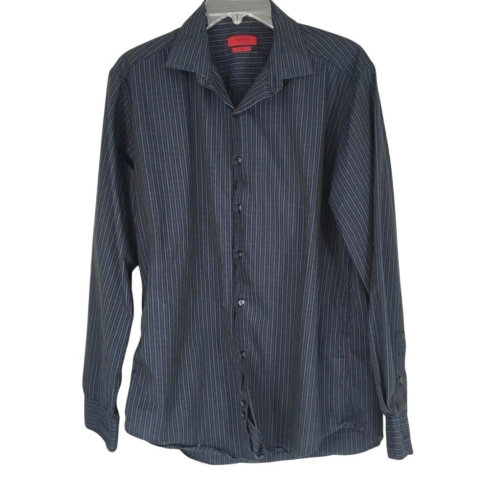 Alfani Fitted Stretch Pinstripe Button Down Shirt 16 34-35 L Navy Blue